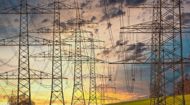 electricity, electricity pylons, power lines, high voltage pylons, high voltage, high voltage line, electric cable, industry, nature, energy, technology, electrics, sunset, multicoloured, clouds, power line, orange, yellow, blue