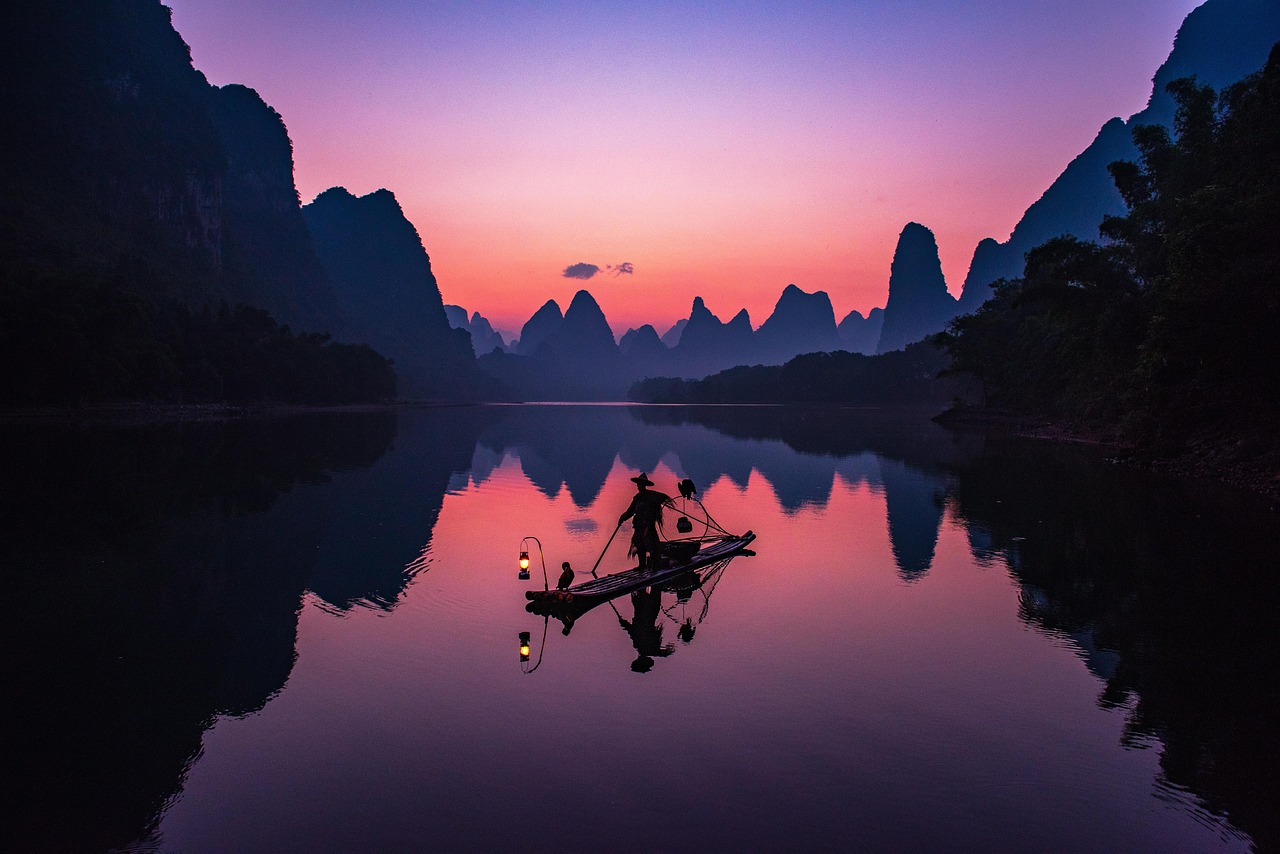 china, sunset, li river, guilin, li jiang, yangshuo, mountains, water, nature, fishing, fisherman