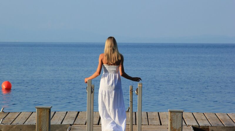 sea, vacation, greece, per, sun, young woman, blonde, nature, dress