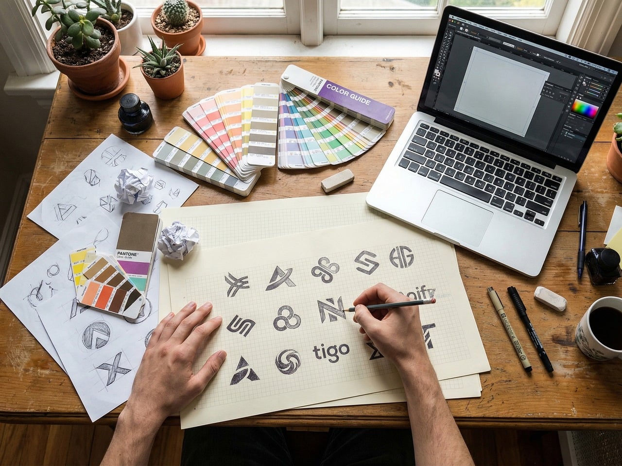 graphic design, workspace, laptop, color palette, hand drawing, notepad, tools, home office, creativity, office, business, fashion, trend, concept, design, sketch, office supplies, minimalism, outdoor view