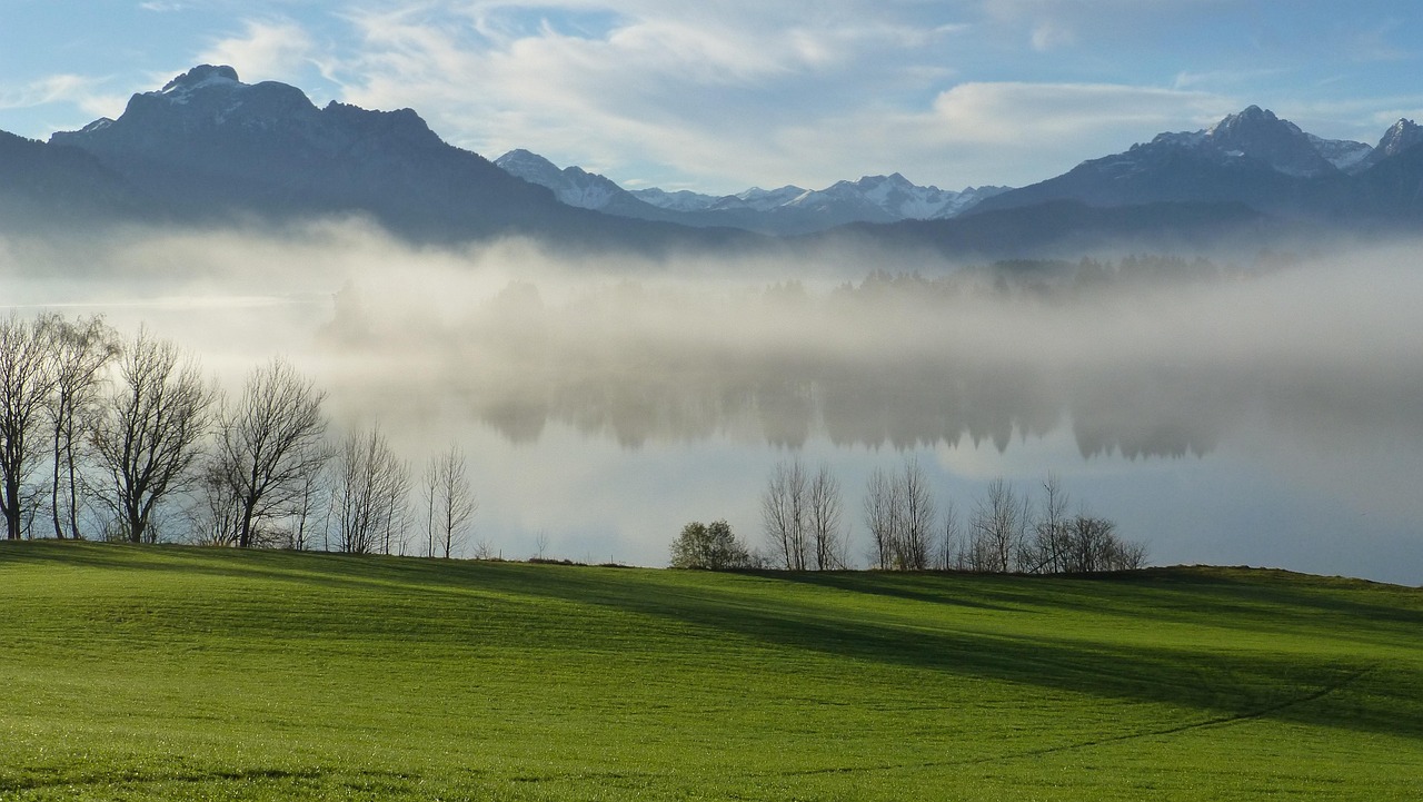 allgäu, lake forggensee, fall, mist, tegelberg, pillar, fire-ruffled, tip of the miter, feet, panorama