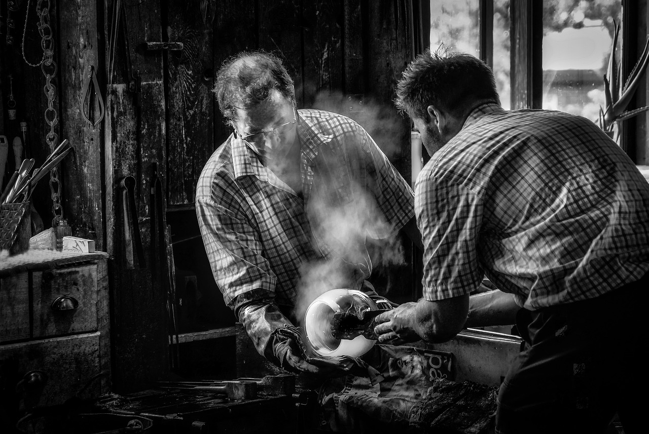 glassblowing, glassblower, glass, blowing, traditional, craft, tools, shop, monochrome