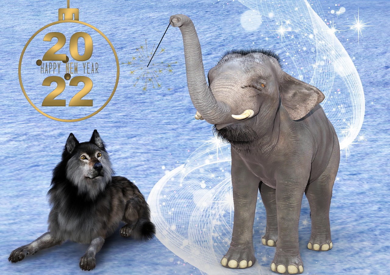 happy new year, wolf, elephant, new year, new year wishes, new year greetings, 2022, lucky charm, greeting card