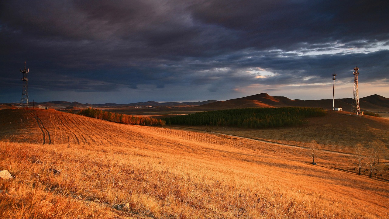 withered grass, launch tower, dusk, dark clouds
