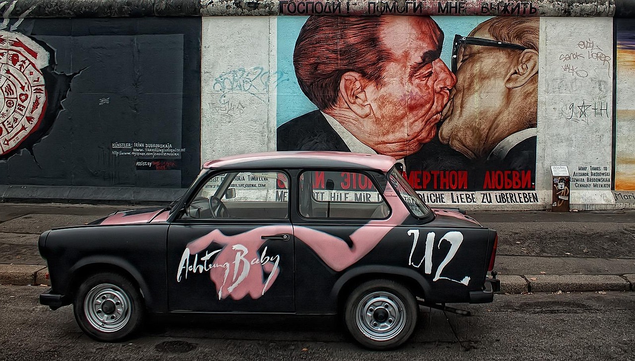 berlin wall, car, graffiti, car wallpapers, wall art, painted, vehicle, old car, vintage, monument, open-air gallery, road, street, city, urban, east side gallery, berlin, germany