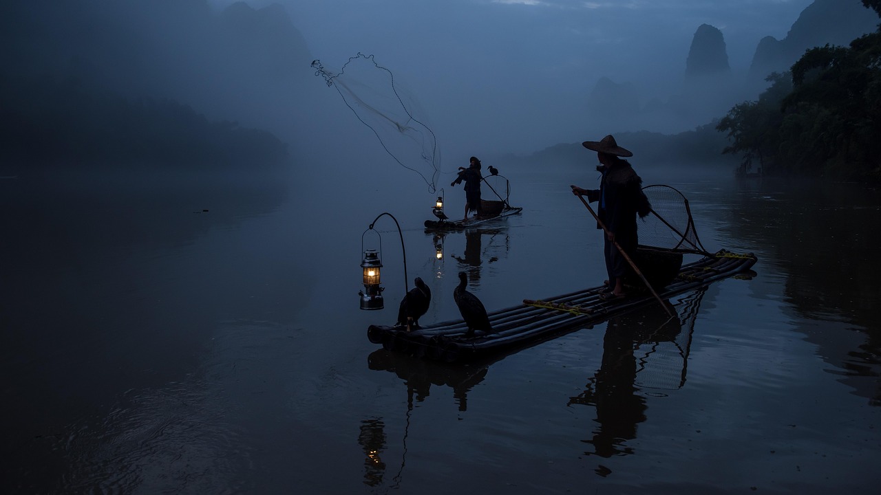 cormorant, fishermen, boats, lake, fishing, guilin, nature, yangshuo