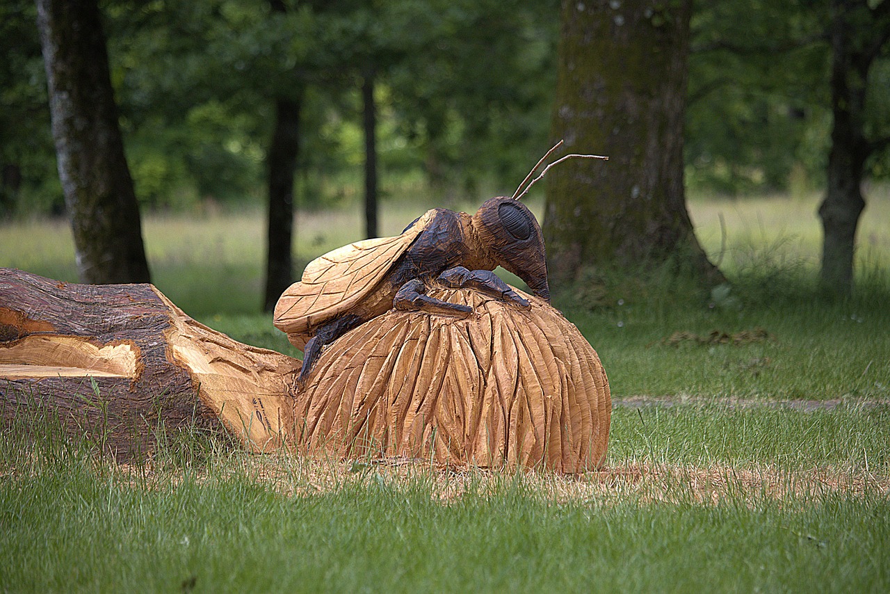 chainsaw, sculpture, bee, nature, statue, landscape, garden, honeycomb