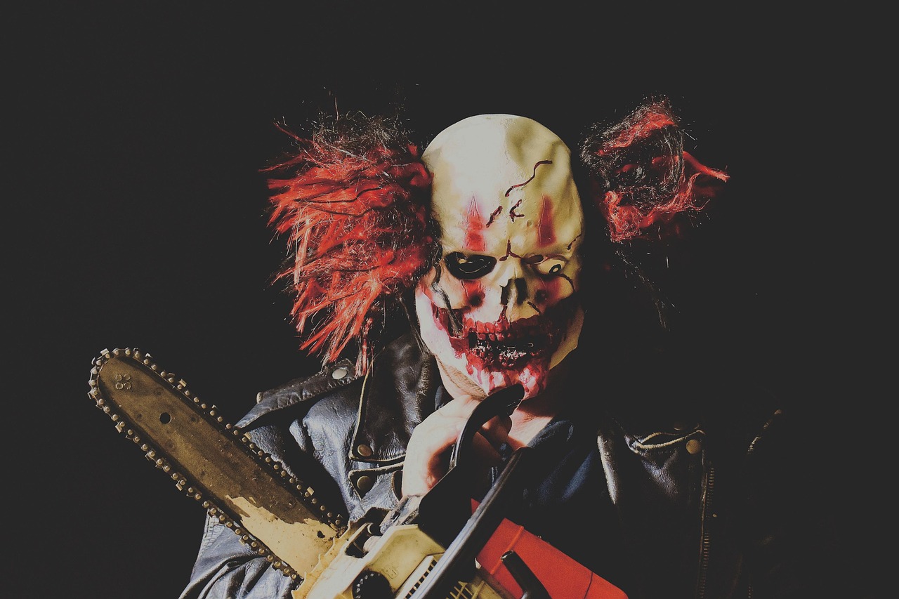horror clown, mass murderer, chainsaw, mask, clown, gruesome, portrait, chainsaw, chainsaw, clown, clown, clown, clown, clown